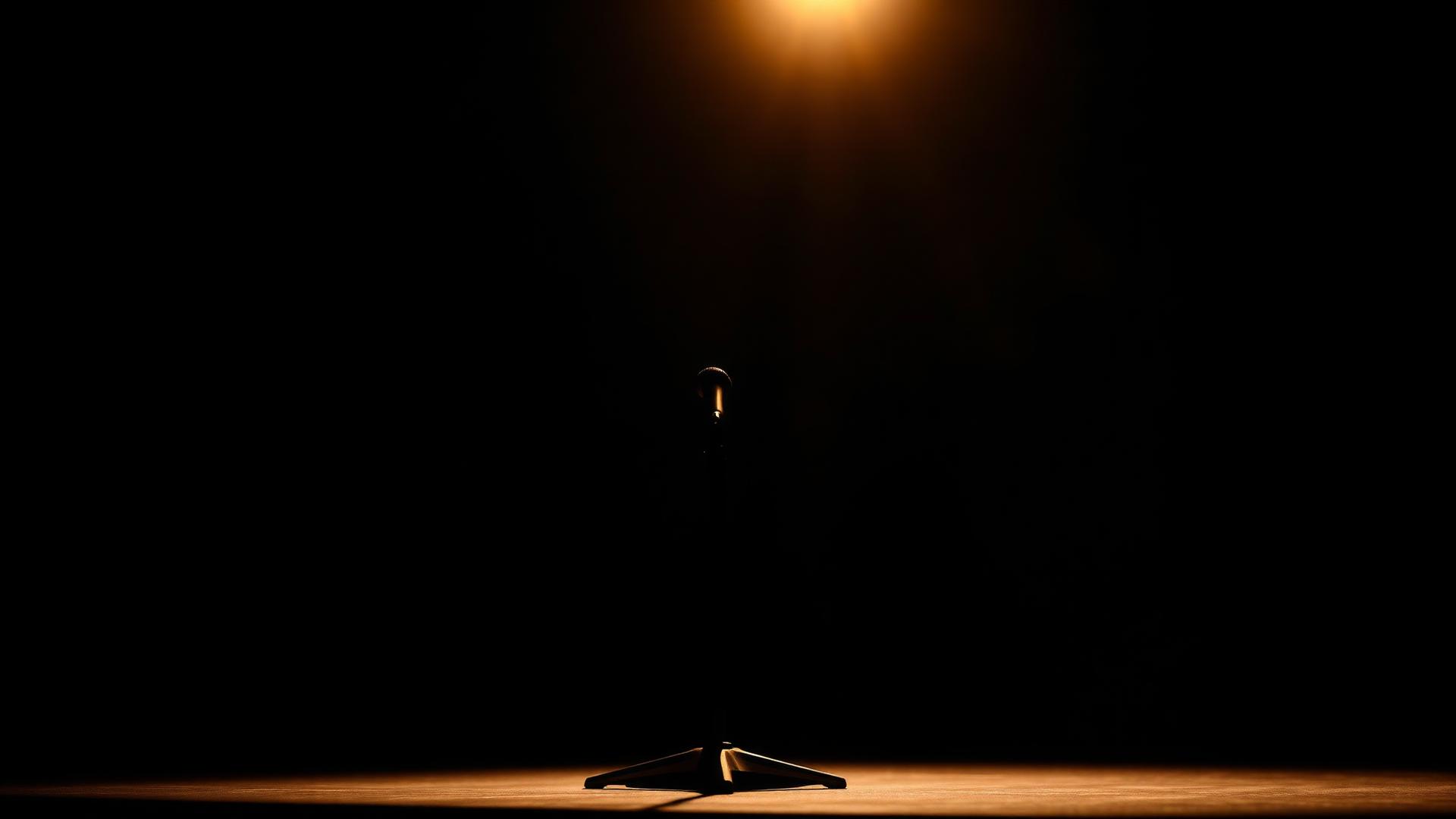 A single microphone lit in gold on a dark stage